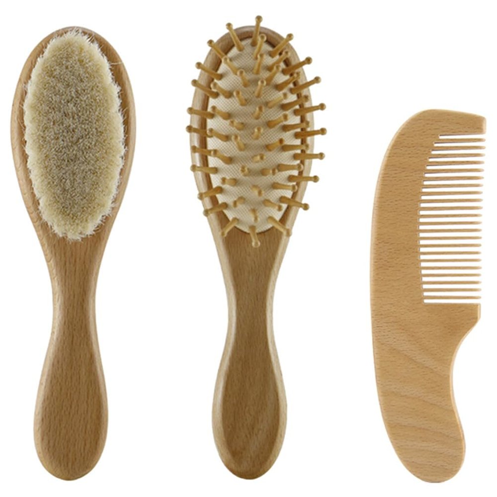 Healvian 1set Wool Hair Brush and Wooden Comb Ergonomic Scalp for Newborn Hair Care Gentle Brush for Daily Use Safe and Comfortable Supplies