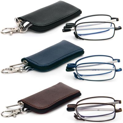 REAVEE 3 Pack Folding Reading Glasses with Keychain Compact Bags for Women Men, Blue Light Blocking Spring Hinge Portable Pocket Readers, Black Brown and Blue 2.25