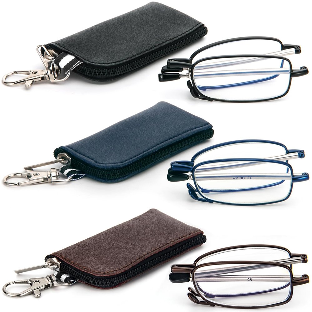 REAVEE 3 Pack Folding Reading Glasses with Keychain Compact Bags for Women Men, Blue Light Blocking Spring Hinge Portable Pocket Readers, Black Brown and Blue 2.25