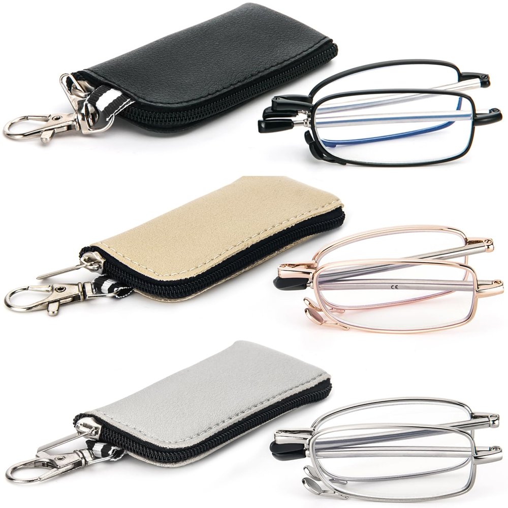 REAVEE 3 Pack Folding Reading Glasses with Keychain Compact Bags for Women Men, Blue Light Blocking Spring Hinge Portable Pocket Readers, Black Gold and Silver 3.5