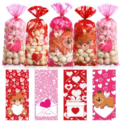 Pasimy 100 Pcs Valentines Treat Bags Bulk Valentine's Day Cellophane Gift Bags Pink Red Heart Clear Sweet Bear Plastic Goodie Candy Pouches with Twist Ties for Wedding Party Favors Supplies