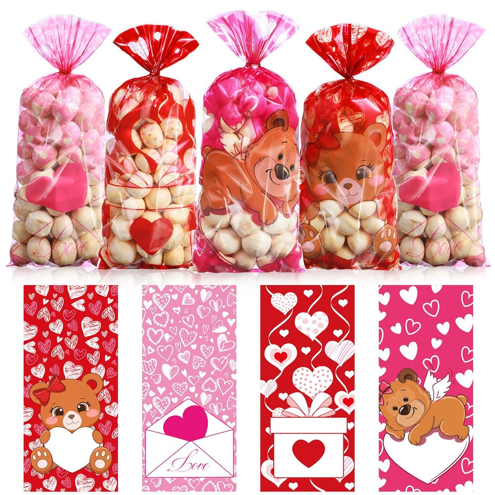 Pasimy 100 Pcs Valentines Treat Bags Bulk Valentine's Day Cellophane Gift Bags Pink Red Heart Clear Sweet Bear Plastic Goodie Candy Pouches with Twist Ties for Wedding Party Favors Supplies