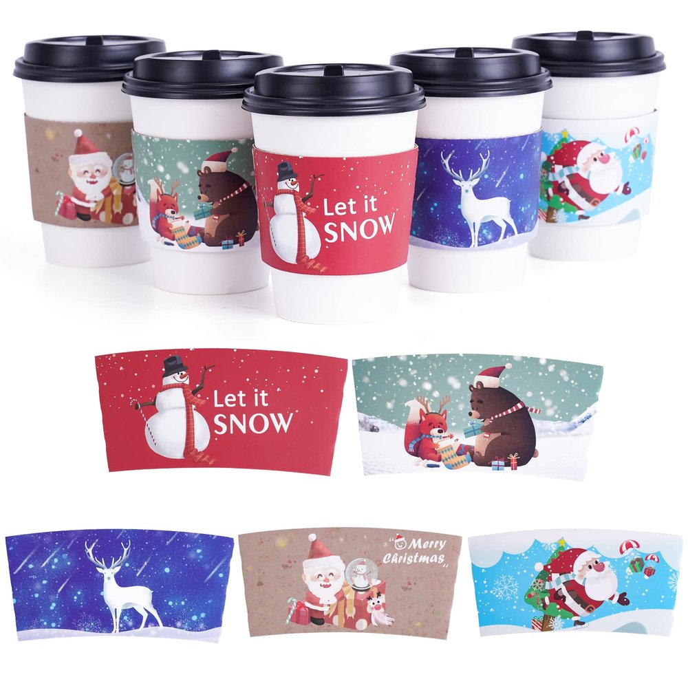 120pcs Christmas Coffee Cup Hot Chocolate Cup Sleeves, Fits 12 oz to 20 oz, with 5 Different Custom Xmas Designs for Christmas Hot Chocolate, Coffee, Cocoa, Tea or Cold Beverage