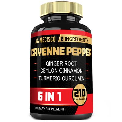 6in1 Cayenne Pepper Extract Capsules with Organic Turmeric Curcumin Root, Black Pepper, and More - Support Digestion System, Heart Health, Immunity Function - 210 Capsules