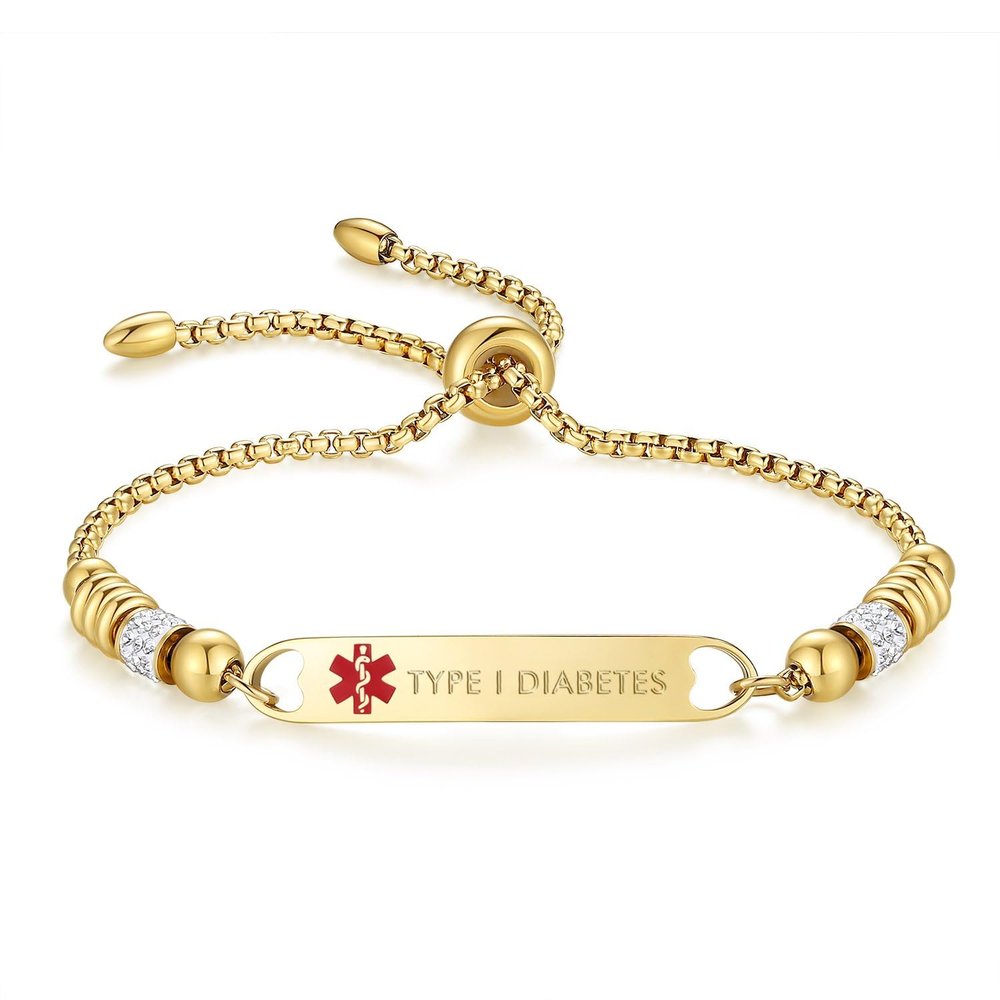mnmoom Medical Alert Bracelets for Women Stainless steel Heart Medical ID bracelets with Free Engraving (Slider Box chain-Gold/TYPE 1 DIABETES)
