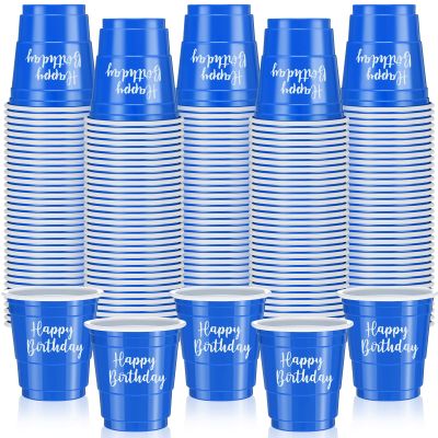 Layhit 100 Pcs Happy Birthday Plastic Shot Glasses 2oz Disposable Shot Cups for Party Mini Drinking Cups for Birthday Wedding Party Favors Tasting Serving Snacks Samples(Blue)