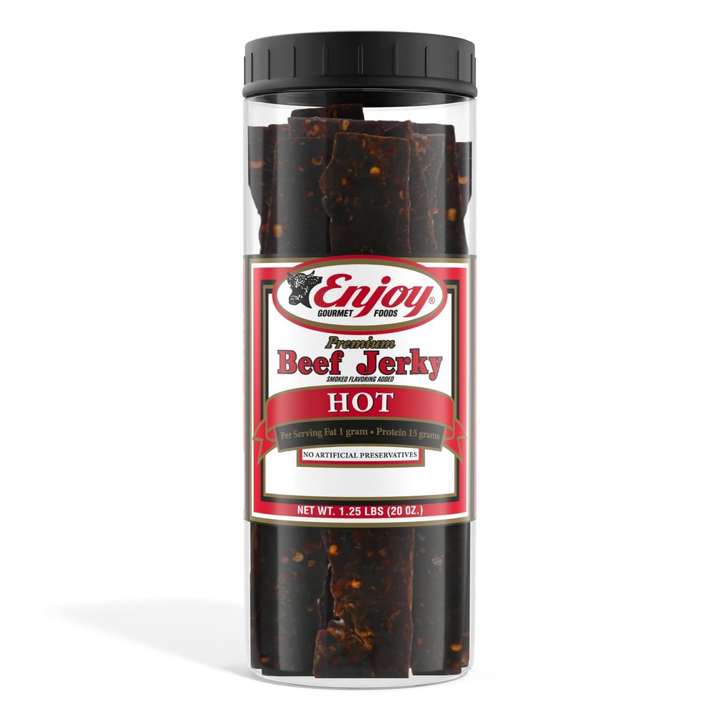 Enjoy Hot Beef Jerky 20 oz Jar (Pack of 1) | 32 Count | Traditional Style | High Protein | Low Fat | Zero Trans Fat | No Preservatives | No MSG | No Nitrites | USA Made | Resealable Jar