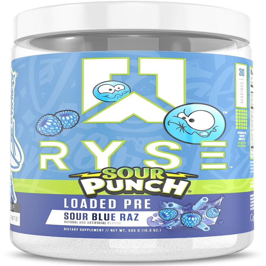 RYSE Loaded Pre Workout Powder - Sour Punch Blue Raz - Daily Pre-Workout for Men & Women with 390mg Caffeine, Beta Alanine, and Citrulline for Pump, Focus, and Energy - 30 Servings