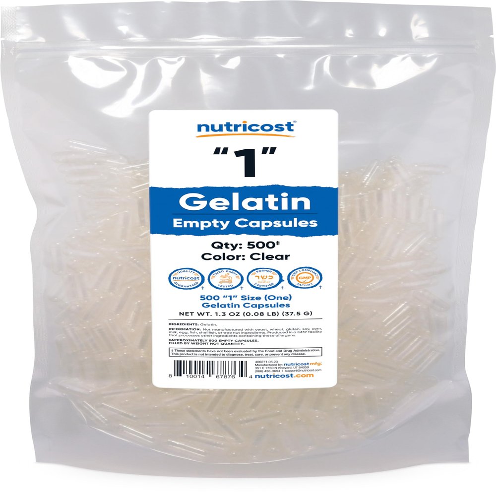Nutricost Empty Capsules Gelatin Size 1-500 Clear Empty '1' Gel Capsules - Kosher, Non-GMO, Soy Free, Gluten Free