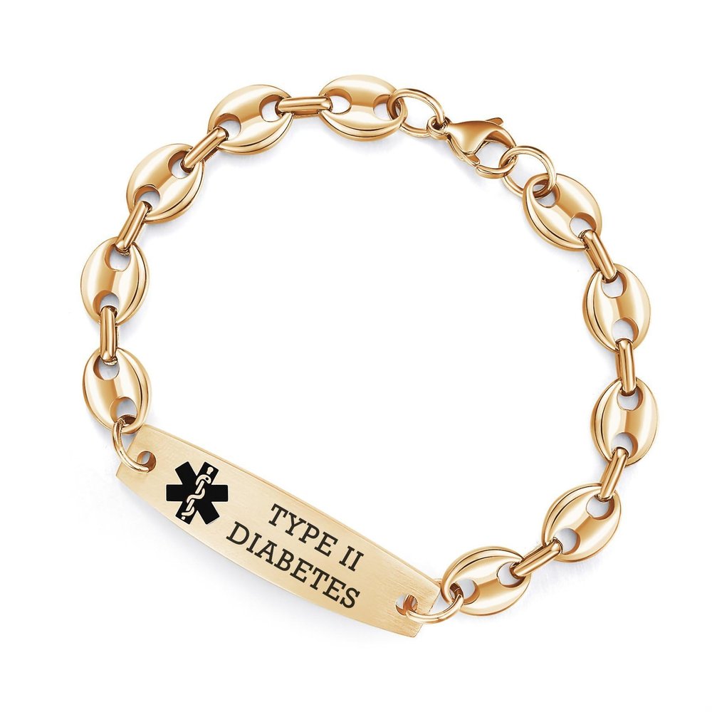7.5 inch Medical Alert Bracelets for Women Stainless Steel Bean Link Medical id bracelets with Free custom engraving (Gold/TYPE 2 DIABETES)