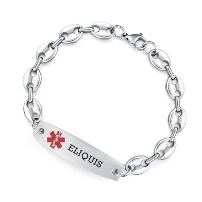 7.5 inch Medical Alert Bracelets for Women Stainless Steel Bean Link Medical id bracelets with Free custom engraving (Silver/ELIQUIS)