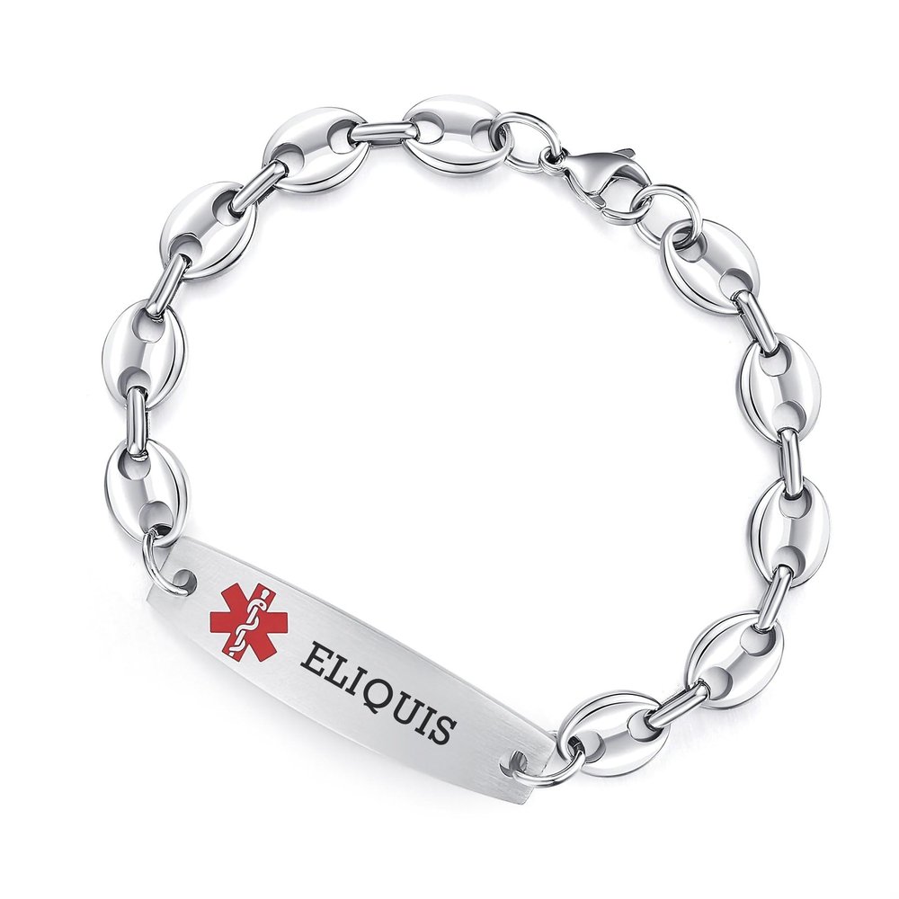 7.5 inch Medical Alert Bracelets for Women Stainless Steel Bean Link Medical id bracelets with Free custom engraving (Silver/ELIQUIS)