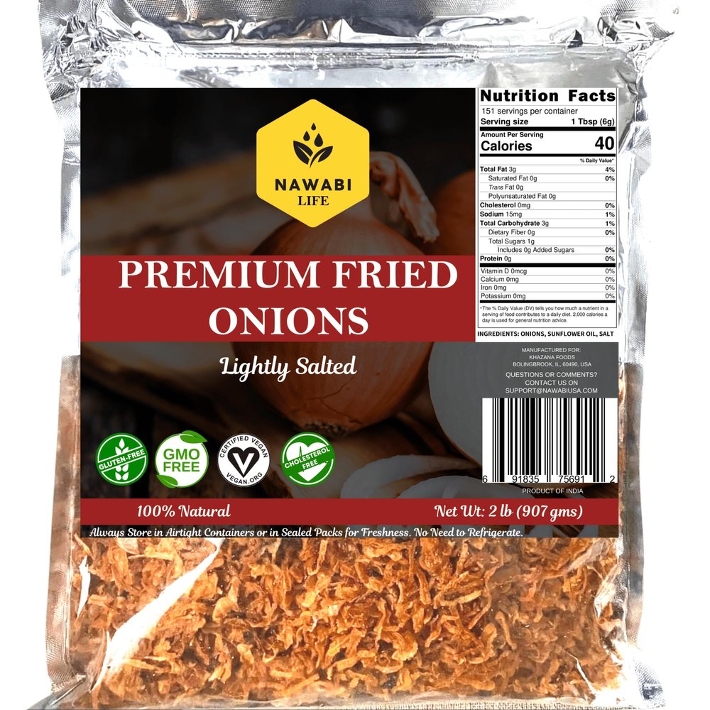 Crispy Fried Onions (Lightly Salted) | 100% Natural (Non-GMO) | Gluten Free | KETO Friendly | Low Carb | Resealable Bag | 32 oz | By Nawabi Life