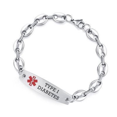 7.5 inch Medical Alert Bracelets for Women Stainless Steel Bean Link Medical id bracelets with Free custom engraving (Silver/TYPE 1 DIABETES)