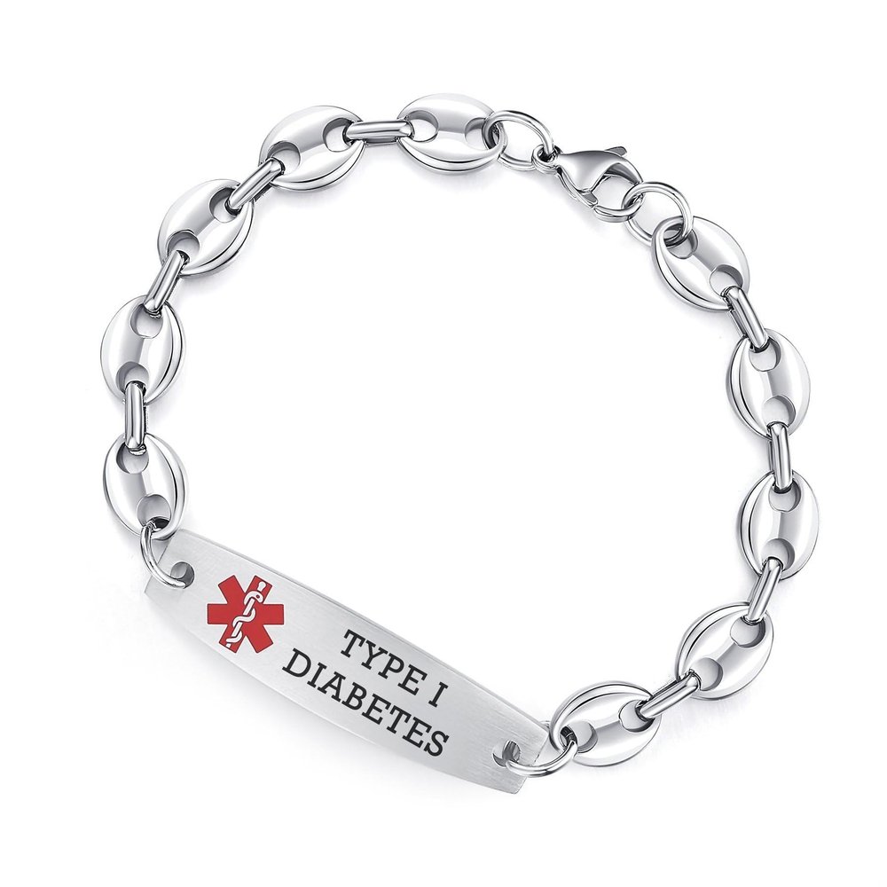 7.5 inch Medical Alert Bracelets for Women Stainless Steel Bean Link Medical id bracelets with Free custom engraving (Silver/TYPE 1 DIABETES)