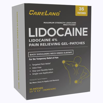 CARELAND 4% Lidocaine Gel Patch, 35 Count Maximum Strength Pain Patches for Muscle Relief in Neck Knee Back and Shoulders Unscented Numbing Patch for Soothing Nerves, Joints