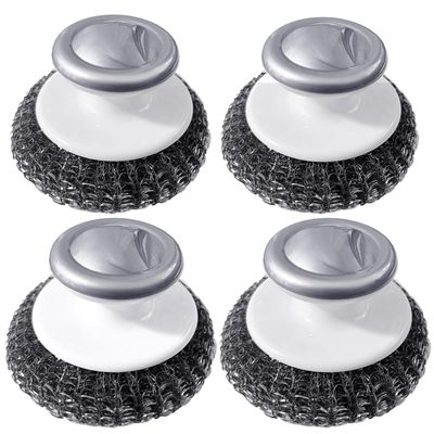 Stainless Steel Wool Scrubber with Handle, Heavy Duty Dish Scrubber, Steel Brush for Cleaning Pots, Pans, Grills, Sink (4 Pack)