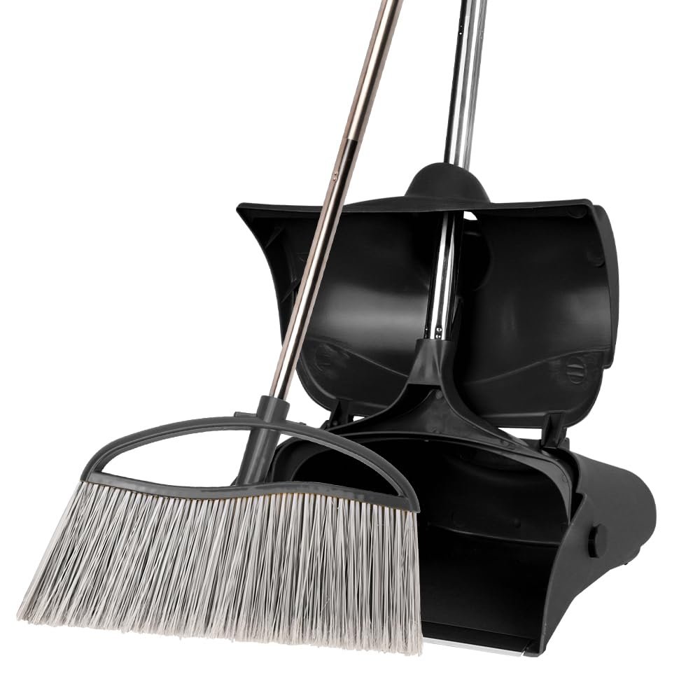 Long Handle Heavy Duty Broom and Dustpan Set, Outdoor and Commercial Upright Dustpan and Brush for Restaurant Garage Garden Yard Office,Black