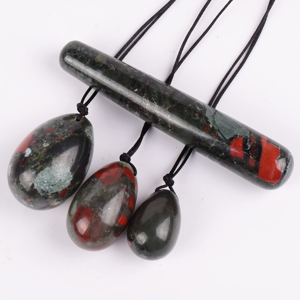 Yoni Egg Set Jade Egg Yoni Wand Set Natural Blooded Jasper Drill Ball Crystal Stone Massage Tool Kegel Exercise Pelvic Floor Muscle,4 Pcs