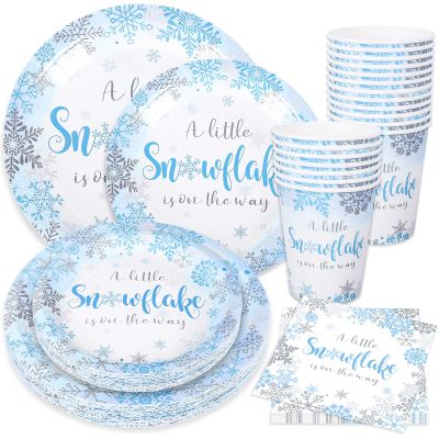 100Pcs Winter Snowflake Party Supplies Paper Plates and Napkins with Cups Set of 25 Blue Baby Shower Wonderland Party Dinner Tableware Set for Birthday Xmas Winter Holiday Table Decor