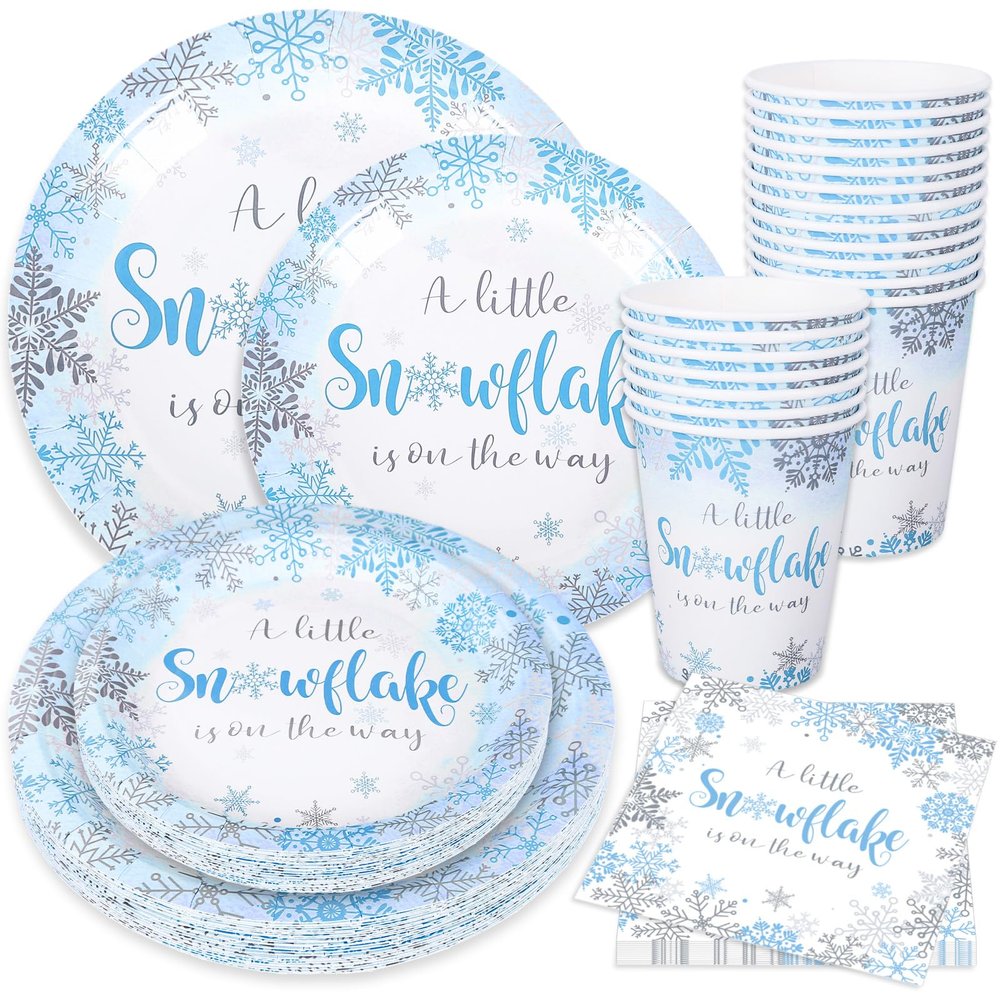 100Pcs Winter Snowflake Party Supplies Paper Plates and Napkins with Cups Set of 25 Blue Baby Shower Wonderland Party Dinner Tableware Set for Birthday Xmas Winter Holiday Table Decor