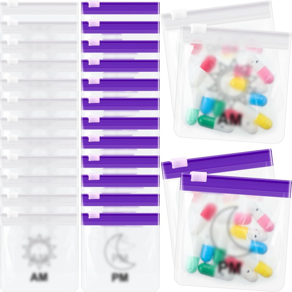 24 Pieces Pill Pouch Bags Zippered Pill Pouch Set Reusable Translucent Medicine Organizer Self Sealing Medicine Bag Travel Plastic Pill Bags with Slide Lock Pill Baggies for Pills (Purple, Clear)