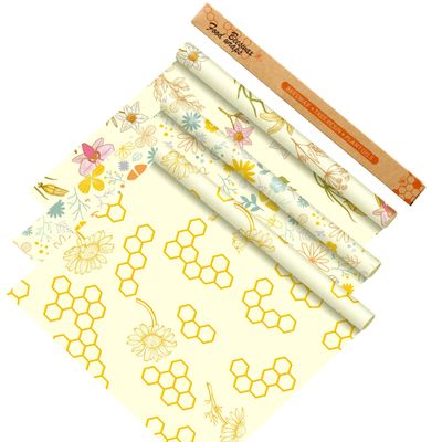 Noveread 3 Rolls Beeswax Wraps for Food 13'' x 59'' Bees Wax Wraps Reusable Bees Beeswax Storage Wrap for Food Sustainable Honeycomb Floral Organic Cotton Wrap for Bread Sandwich Cheese Fruit