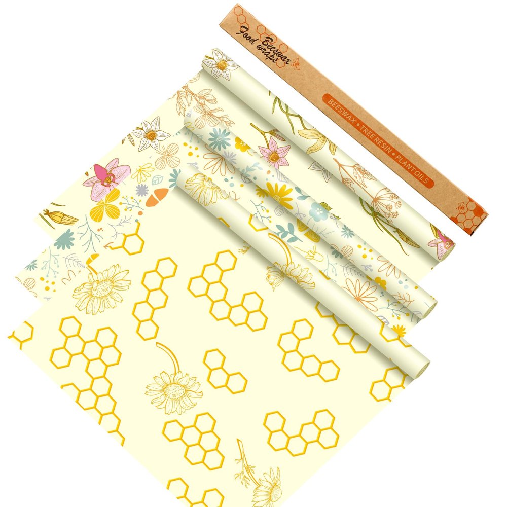 Noveread 3 Rolls Beeswax Wraps for Food 13'' x 59'' Bees Wax Wraps Reusable Bees Beeswax Storage Wrap for Food Sustainable Honeycomb Floral Organic Cotton Wrap for Bread Sandwich Cheese Fruit
