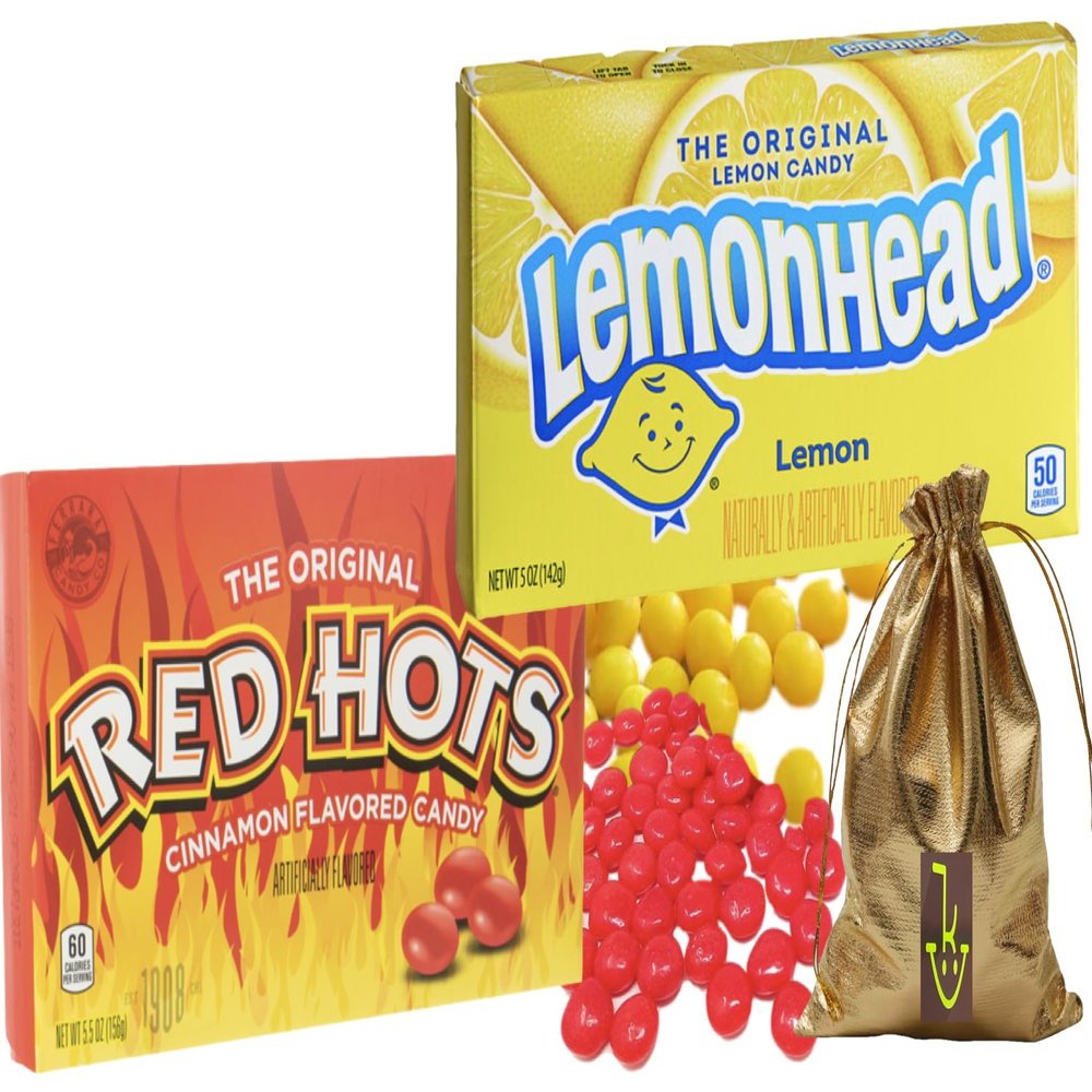 Lemonhead Hard Lemon Candy, 5 Oz Movie Theater Candy Box | The Original Red Hot Cinnamon Flavored Candy 5.5 Oz | Great for Holidays, Birthday party, Christmas Candy With Soko Smiles Pocket Candy Bag.