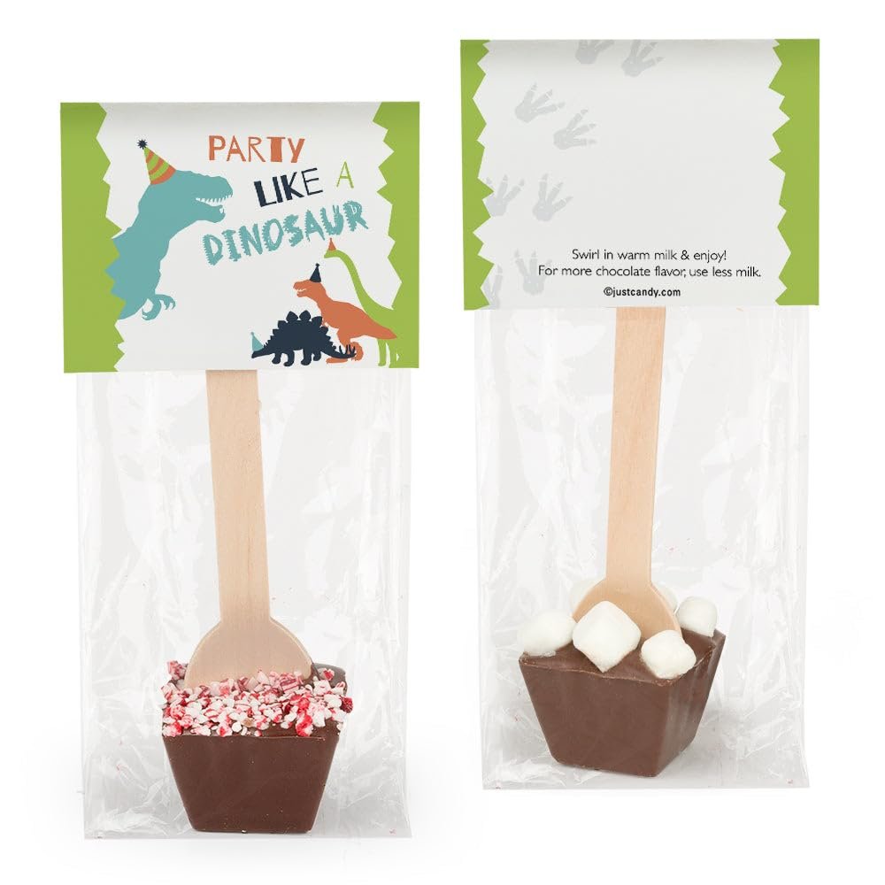 12 Pcs Birthday Hot Chocolate Spoons Gourmet Dark Chocolate Favors with Crushed Peppermint(12 Pack) Dinosaur Party Favors & Gifts