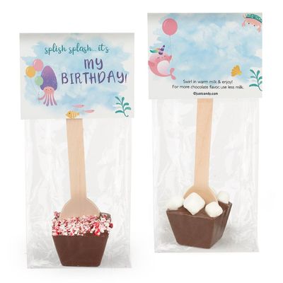 12 Pcs Birthday Hot Chocolate Spoons Gourmet Milk Chocolate Favors with Mini Marshmallows (12 Pack) Mermaid Party Favors & Gifts