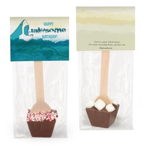12 Pcs Birthday Hot Chocolate Spoons Gourmet Milk Chocolate Favors with Mini Marshmallows (12 Pack) Shark Party Favors & Gifts