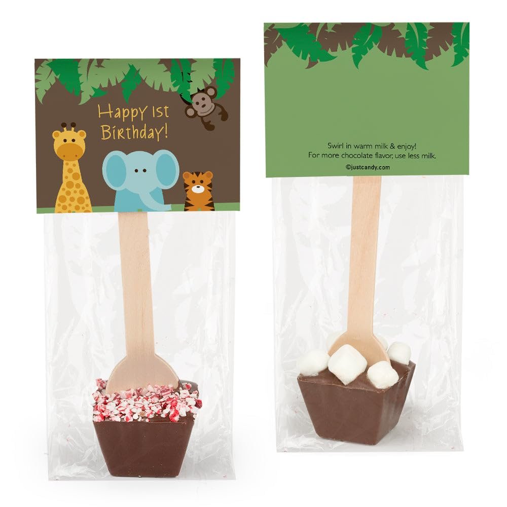 12 Pcs Birthday Hot Chocolate Spoons Gourmet Milk Chocolate Favors with Mini Marshmallows (12 Pack) Jungle Safari Party Favors & Gifts