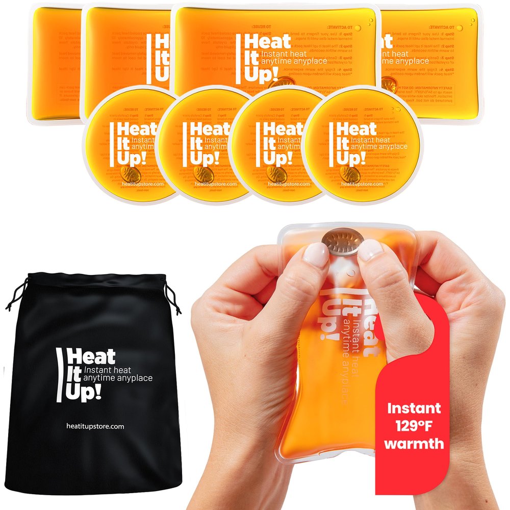 Reusable Hand Warmers  Heat It Up 8 Instant Snap Heat Packs for Hot Compress & Pain Relief  Pocket Size Reusable Heat Pack Set with Fabric Bag for Travel