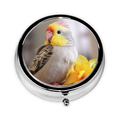 Cute Cockatiel Print Round Pill Box Cute Mini Metal Pill Case Portable Travel Pill Organizer with 3 Compartment for Pocket Wallet