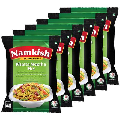 Namkish Khatta Meetha Mix 200g (7.05 oz) - Pack of 6 - Tasty Blend of Crispy Noodles, Peanuts and Rice Flakes - Sweet and Sour - Halal and Suitable for Vegetarians