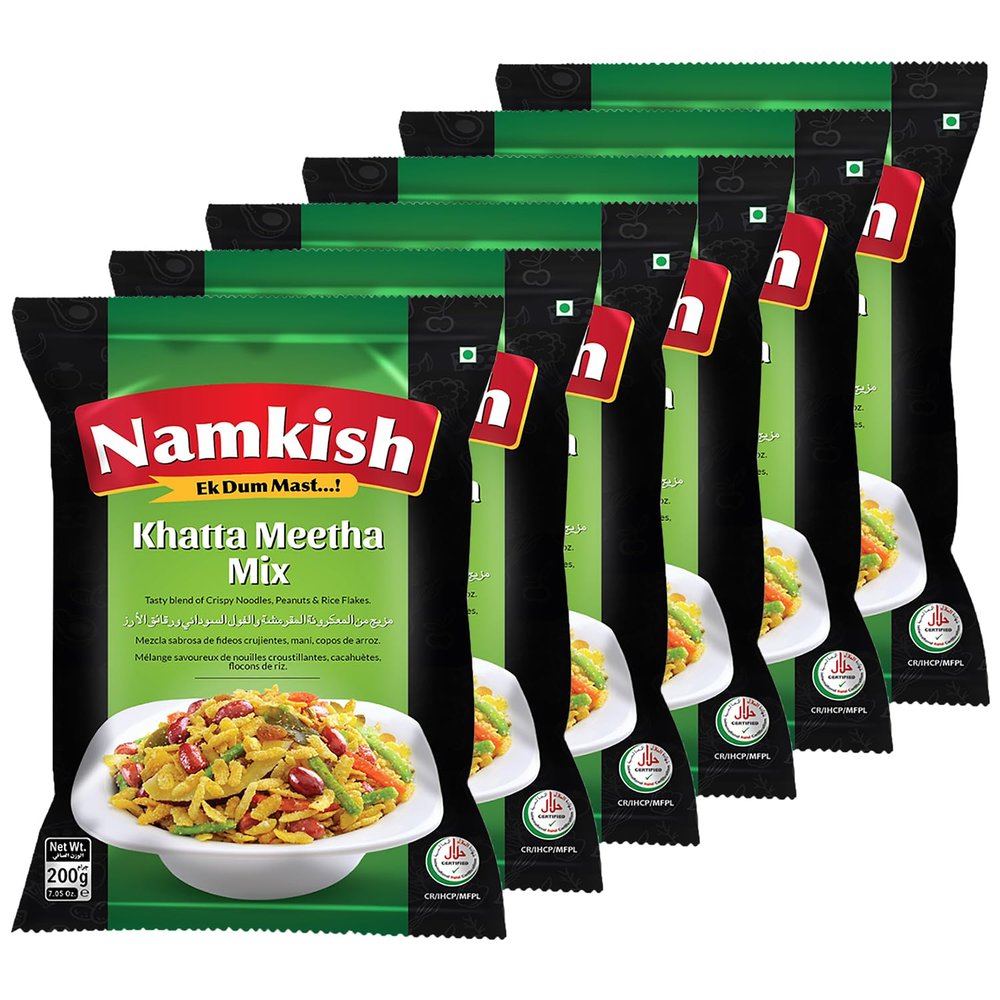 Namkish Khatta Meetha Mix 200g (7.05 oz) - Pack of 6 - Tasty Blend of Crispy Noodles, Peanuts and Rice Flakes - Sweet and Sour - Halal and Suitable for Vegetarians