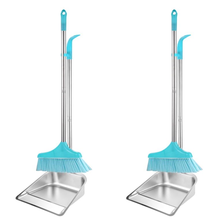 2-Pack Stainless Steel Dust Pan and Broom Set, Long Handled Upright Heavy Duty Dustpan for Lobby Floor, Yard, Home, Kitchen, Office Use
