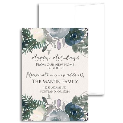 Winter Floral Personalized We've Moved Greeting Stationery, Happy Holidays from Our New Home Moving Cards, Greenery Holiday Moving Announcement, Christmas Change of Address Stationery with Envelopes