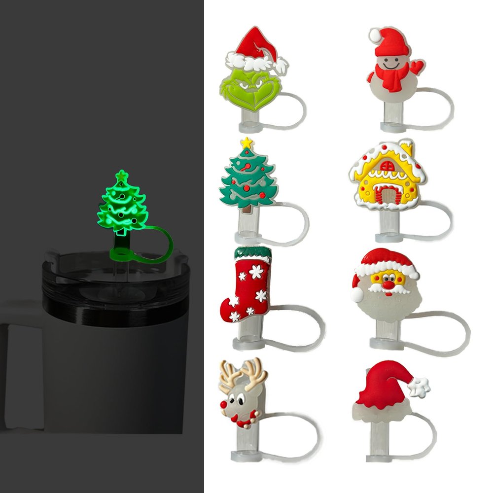 0.4" Luminous Straw Cover Cap for Stanley 30&40 oz Tumbler Cups, Glow in the Dark 8 Pcs 10mm Wide Cute Silicone Straw Topper Tips Lids Protectors for Compatible with Stanley Accessories - Christmas