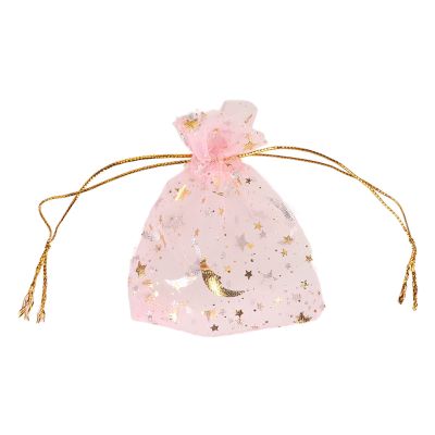 100 Pieces Moon Star Organza Jewelry Candy Bags, Pink Organza Pouch Small Gift Bags with Drawstring for Christmas Party Favors Wedding Valentine's Day