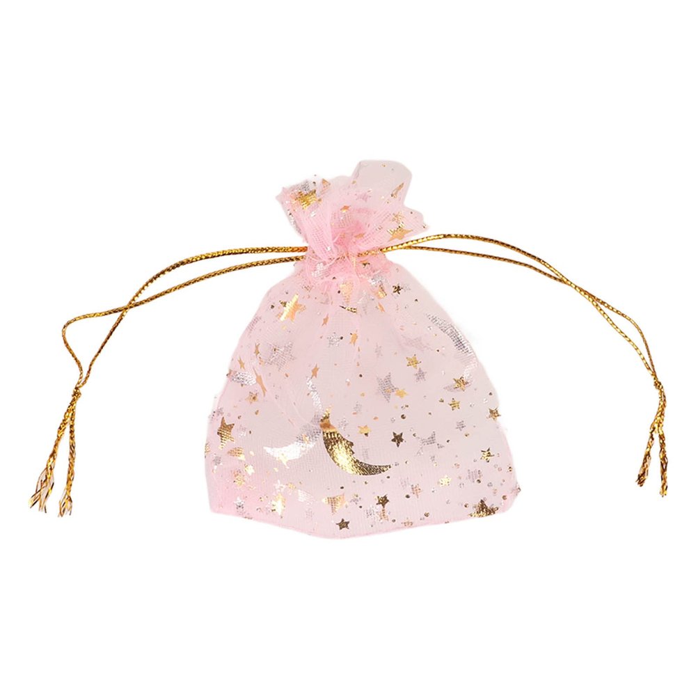 100 Pieces Moon Star Organza Jewelry Candy Bags, Pink Organza Pouch Small Gift Bags with Drawstring for Christmas Party Favors Wedding Valentine's Day