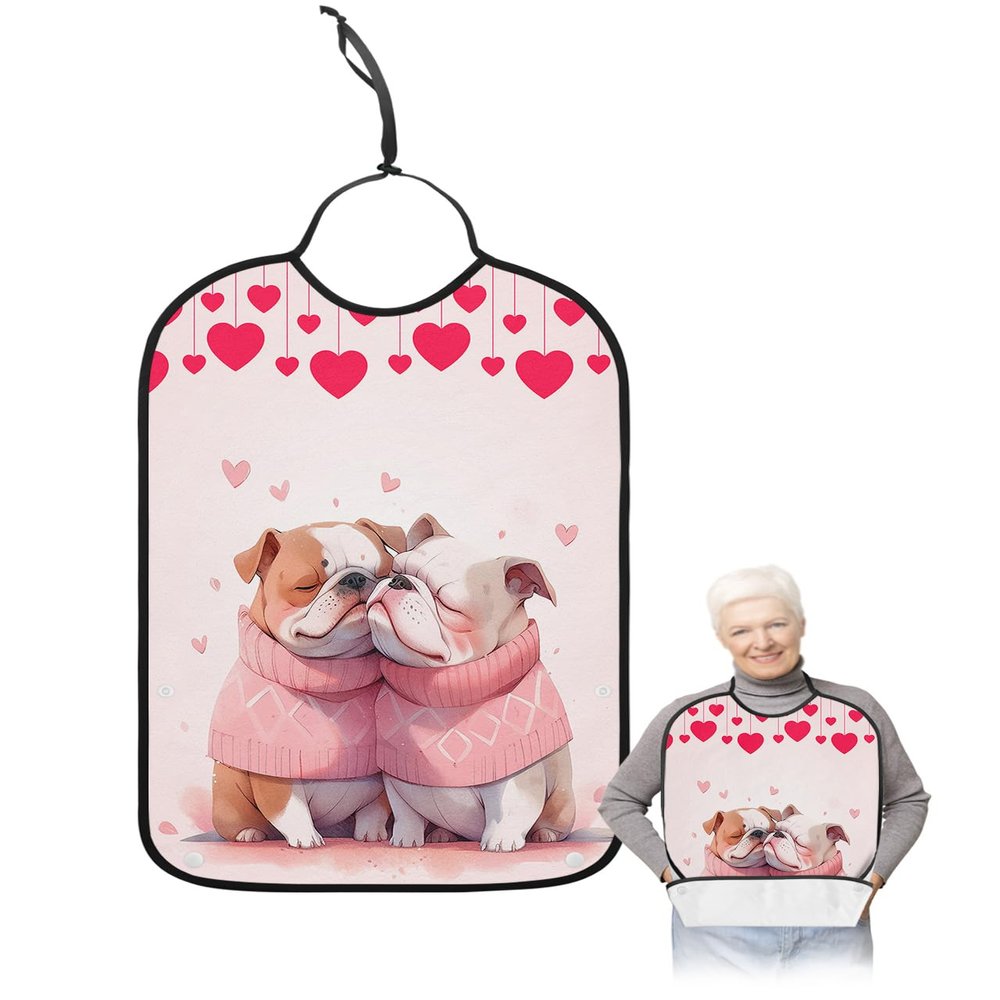 Jolunifun Valentine's Dogs Adult Bib for Adults Men, Women, Washable & Adjustable Terry Cloth Bib with Crumb Catcher Reusable Waterproof Clothing Clothes Protector Apron Sweet Heart Love Gradual Pink