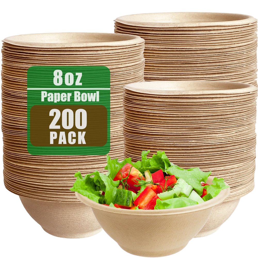 Tiaiidi 200 Pack Compostable Natural Paper Bowls,8 oz Disposable Paper Bowls,Eco-Friendly Sugarcane Bowls,Heavy Duty Small Bagasse Bowls for Salad,Snack,Soup,Party Serving Treats