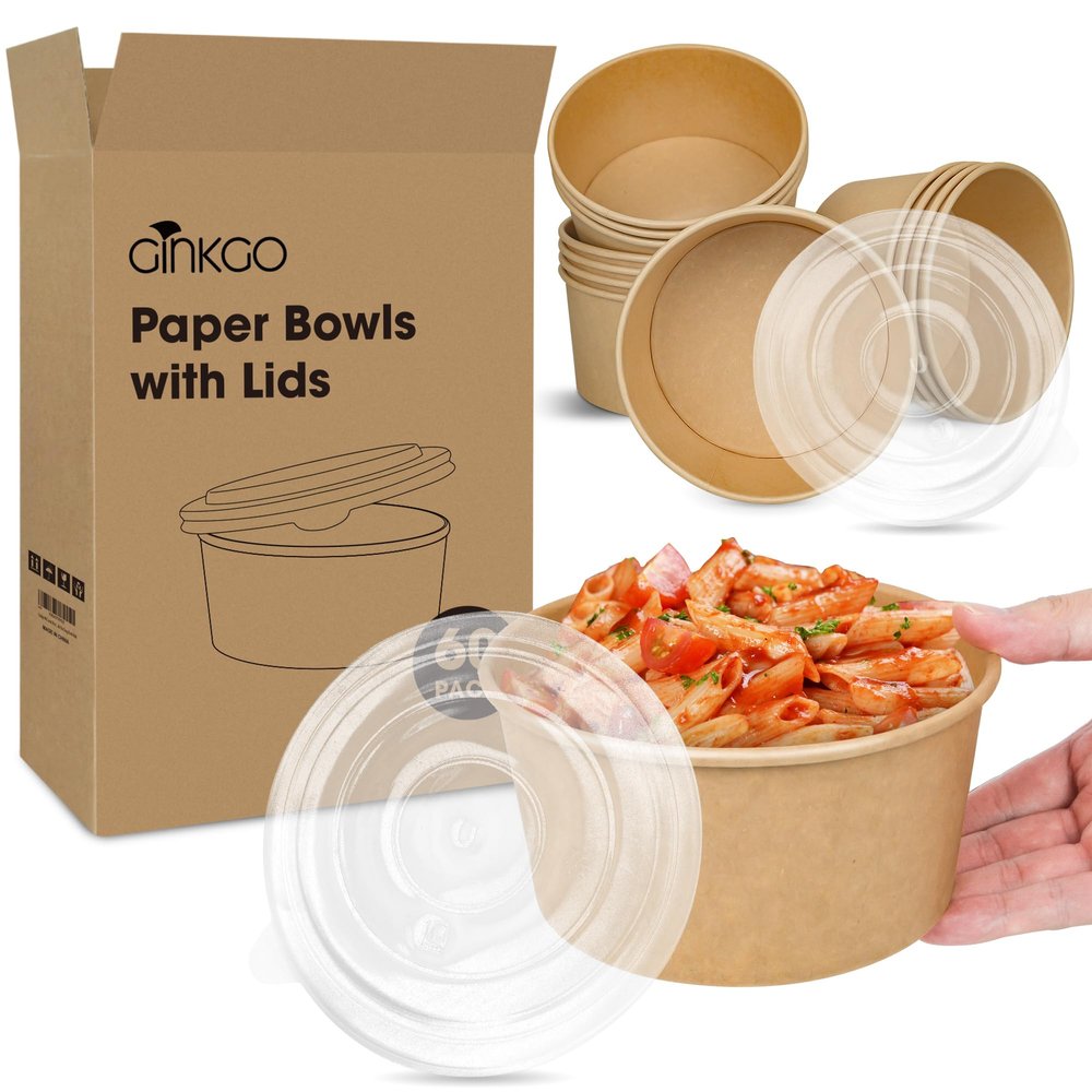 Ginkgo 30 oz Disposable Meal Prep Containers with Lids, Large Paper Bowls Bulk for Hot Soup, Food, Salad, Ice Cream, Dessert, Cereals, 60 Count