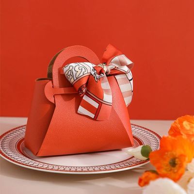 5Pcs Mini Leather Gift Bags, Small Creative Handbag Shape Ribbon Bow Packing Box Candy Box for Birthday Baby Shower Party Favors Gift Wrap(orange)