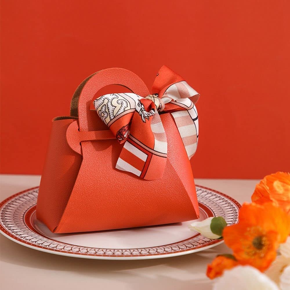 5Pcs Mini Leather Gift Bags, Small Creative Handbag Shape Ribbon Bow Packing Box Candy Box for Birthday Baby Shower Party Favors Gift Wrap(orange)