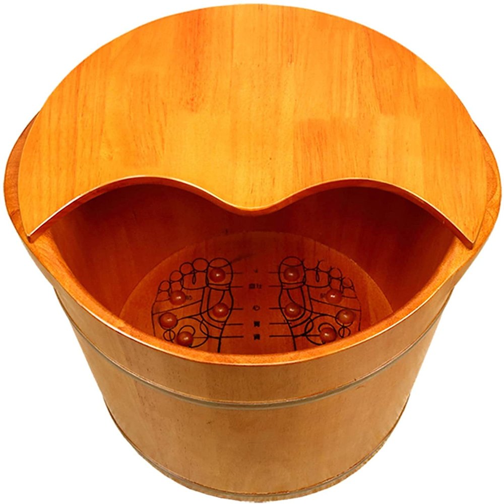 Wood Foot Bath Bucket Wooden Foot Basin Wooden Foot Washing Barrel Home Pedicure Basin Foot Acupuncture Point Massage Bucket Oak Foot Tub 36cm High with Massage Particles Improve Sleep Health Care G