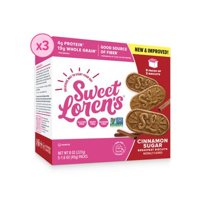 Sweet Loren's Vegan Breakfast Biscuits | Cinnamon Sugar | 4g Protein, 19g Whole Grains | Plant Based, Gluten Free, Dairy Free, Nut Free Snacks | 3 Pack (45 Total Biscuits, 1.6 ounce each)