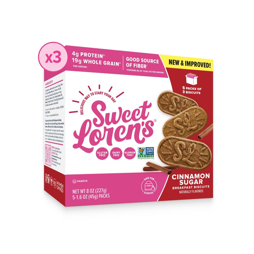 Sweet Loren's Vegan Breakfast Biscuits | Cinnamon Sugar | 4g Protein, 19g Whole Grains | Plant Based, Gluten Free, Dairy Free, Nut Free Snacks | 3 Pack (45 Total Biscuits, 1.6 ounce each)